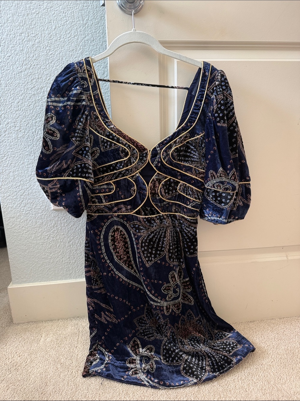 FARM Rio Navy Blue Paisley Velvet Mini Dress with Gold Piping